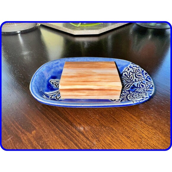 Handmade Ceramic Pottery Tray Deep Blue Color Hummingbird w/ Floral Pattern - Picture 3 of 4